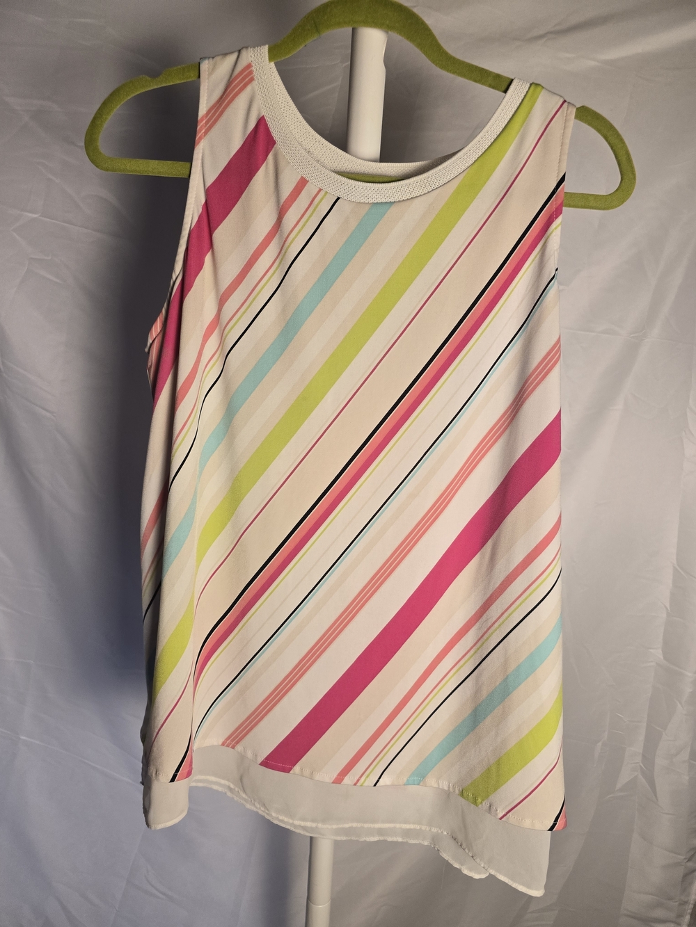 Striped Sleeveless Tank Top in White with Pink & Lime Accents